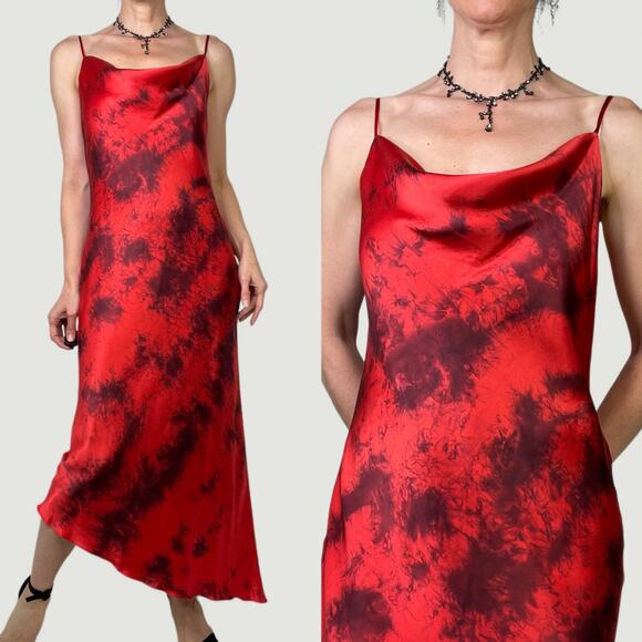 Arden B 100% silk satin dress asymmetrical tie dye red midi maxi vintage Y2K M - Picture 1 of 13